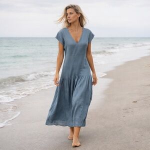 Lanhtropy Dalia Linen Maxi Slate Blue Artsy $270.. Excellent Size XL